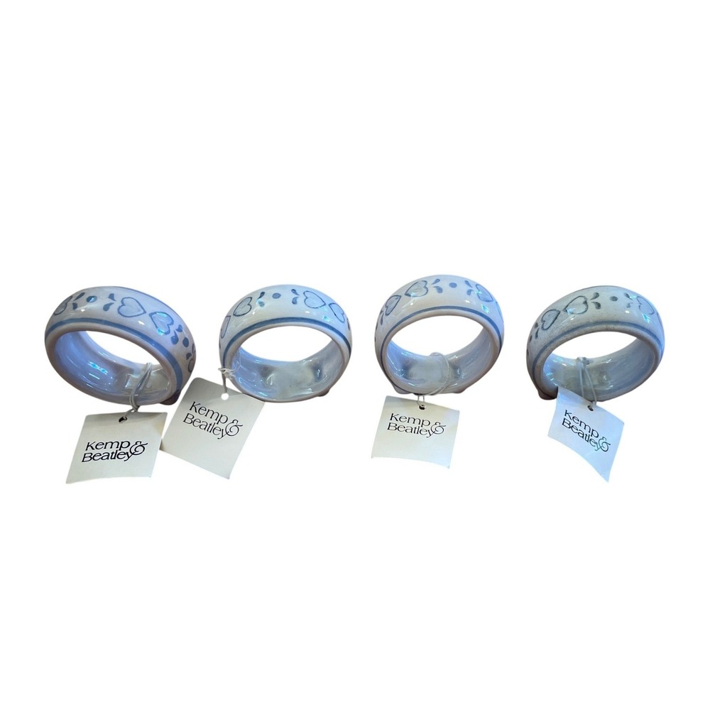 Kemp & Beatley Cottagecore Blue White Heart Ceramic Napkin Rings Set of 4